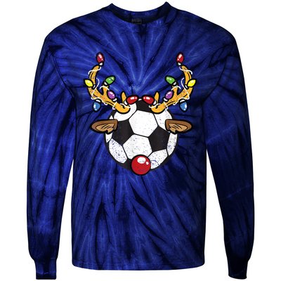 Soccer Ball Reindeer Christmas Pajama Xmas Lights Sport Tie-Dye Long Sleeve Shirt