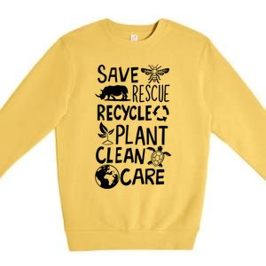 Save Bees Rescue Rhinos Recycle Plastic Clean Care Earth Day Gift Premium Crewneck Sweatshirt