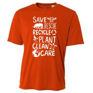 Save Bees Rescue Rhinos Recycle Plastic Clean Care Earth Day Gift Cooling Performance Crew T-Shirt