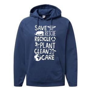 Save Bees Rescue Rhinos Recycle Plastic Clean Care Earth Day Gift Performance Fleece Hoodie