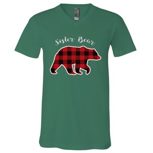 Sister Bear Red Plaid Christmas Pajama Gift V-Neck T-Shirt