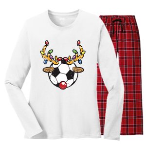 Soccer Ball Reindeer Christmas Pajama Xmas Lights Sport Women's Long Sleeve Flannel Pajama Set 