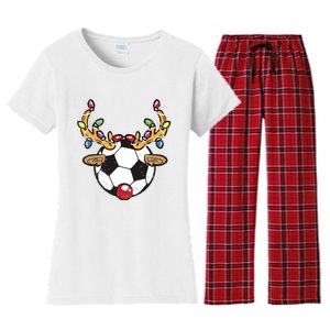 Soccer Ball Reindeer Christmas Pajama Xmas Lights Sport Women's Flannel Pajama Set