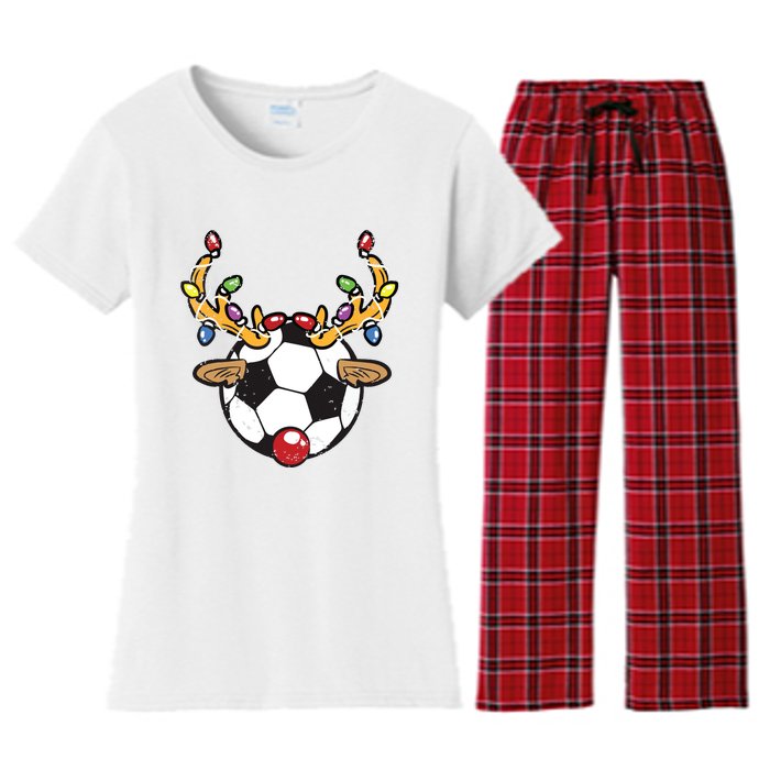 Soccer Ball Reindeer Christmas Pajama Xmas Lights Sport Women's Flannel Pajama Set