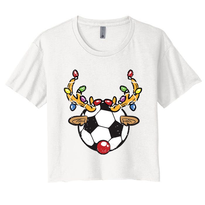 Soccer Ball Reindeer Christmas Pajama Xmas Lights Sport Women's Crop Top Tee