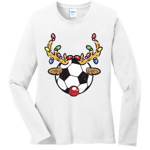 Soccer Ball Reindeer Christmas Pajama Xmas Lights Sport Ladies Long Sleeve Shirt