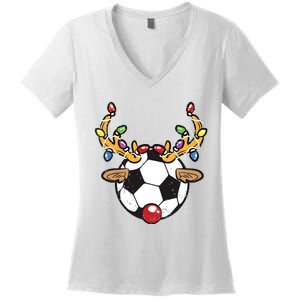 Soccer Ball Reindeer Christmas Pajama Xmas Lights Sport Women's V-Neck T-Shirt