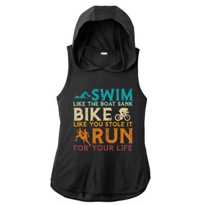 Swim Bike Run Funny Triathlon Ladies PosiCharge Tri-Blend Wicking Draft Hoodie Tank