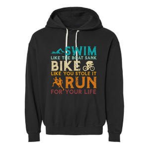 Swim Bike Run Funny Triathlon Garment-Dyed Fleece Hoodie