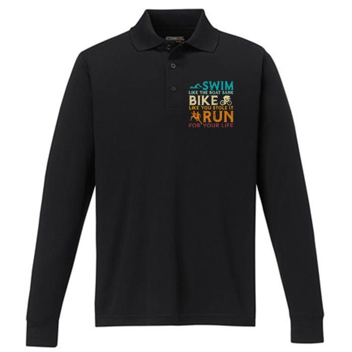 Swim Bike Run Funny Triathlon Performance Long Sleeve Polo