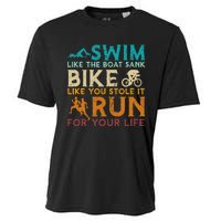 Swim Bike Run Funny Triathlon Cooling Performance Crew T-Shirt