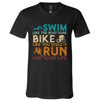 Swim Bike Run Funny Triathlon V-Neck T-Shirt