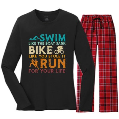 Swim Bike Run Funny Triathlon Women's Long Sleeve Flannel Pajama Set 