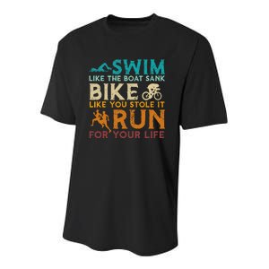 Swim Bike Run Funny Triathlon Youth Performance Sprint T-Shirt