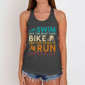 Swim Bike Run Funny Triathlon Women's Knotted Racerback Tank