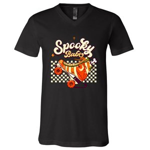 Spooky Babe Retro Halloween Orange Roller Skates Funny Pumpkin Gift V-Neck T-Shirt