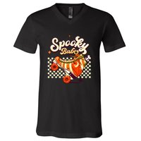 Spooky Babe Retro Halloween Orange Roller Skates Funny Pumpkin Gift V-Neck T-Shirt