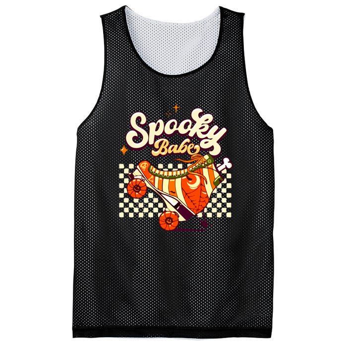 Spooky Babe Retro Halloween Orange Roller Skates Funny Pumpkin Gift Mesh Reversible Basketball Jersey Tank