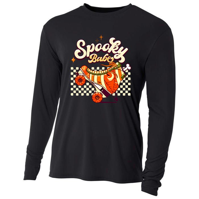 Spooky Babe Retro Halloween Orange Roller Skates Funny Pumpkin Gift Cooling Performance Long Sleeve Crew