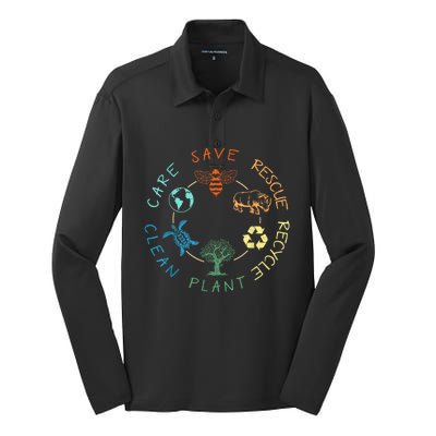 Save Bees Rescue Animals Recycle Plastic Earth Day 2024 Silk Touch Performance Long Sleeve Polo