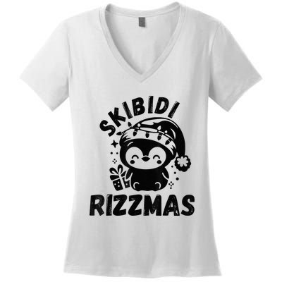 Ski Bidi Riz Zmas Funny Gen Alpha Slang Christmas Penguin Women's V-Neck T-Shirt