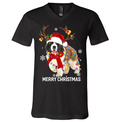 St Bernard Reindeer Xmas Light Christmas Ornaments Xmas Dog V-Neck T-Shirt