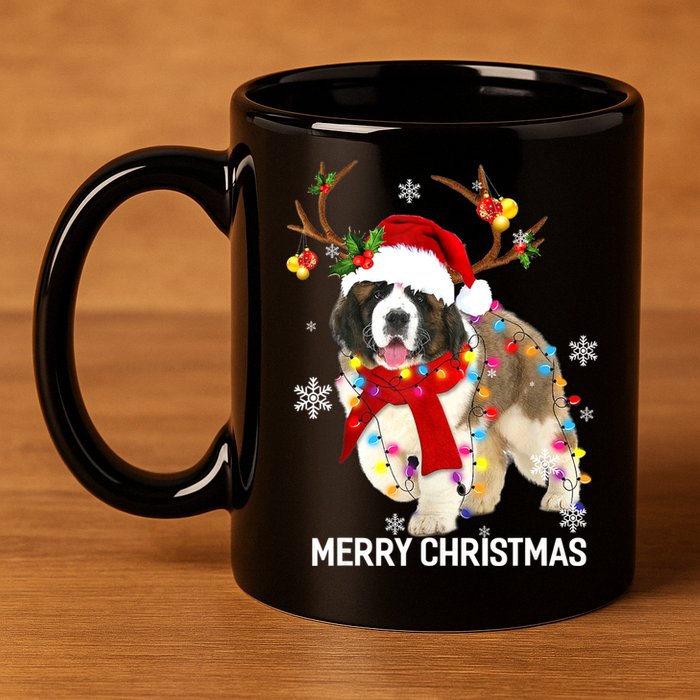 St Bernard Reindeer Xmas Light Christmas Ornaments Xmas Dog 11oz C Handle Ceramic Mug
