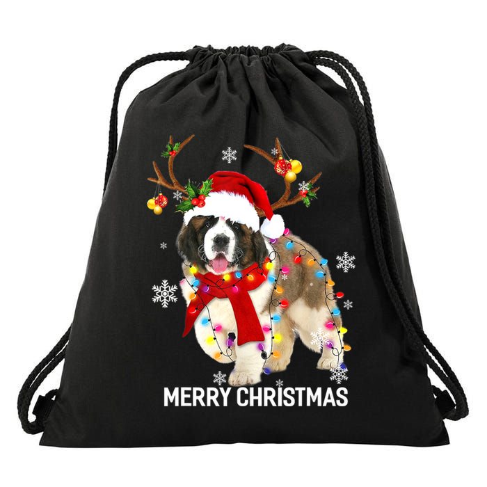 St Bernard Reindeer Xmas Light Christmas Ornaments Xmas Dog Drawstring Bag