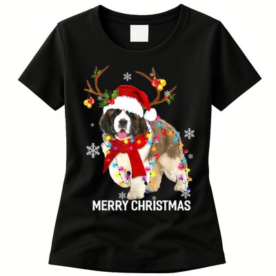 St Bernard Reindeer Xmas Light Christmas Ornaments Xmas Dog Womens T-Shirt
