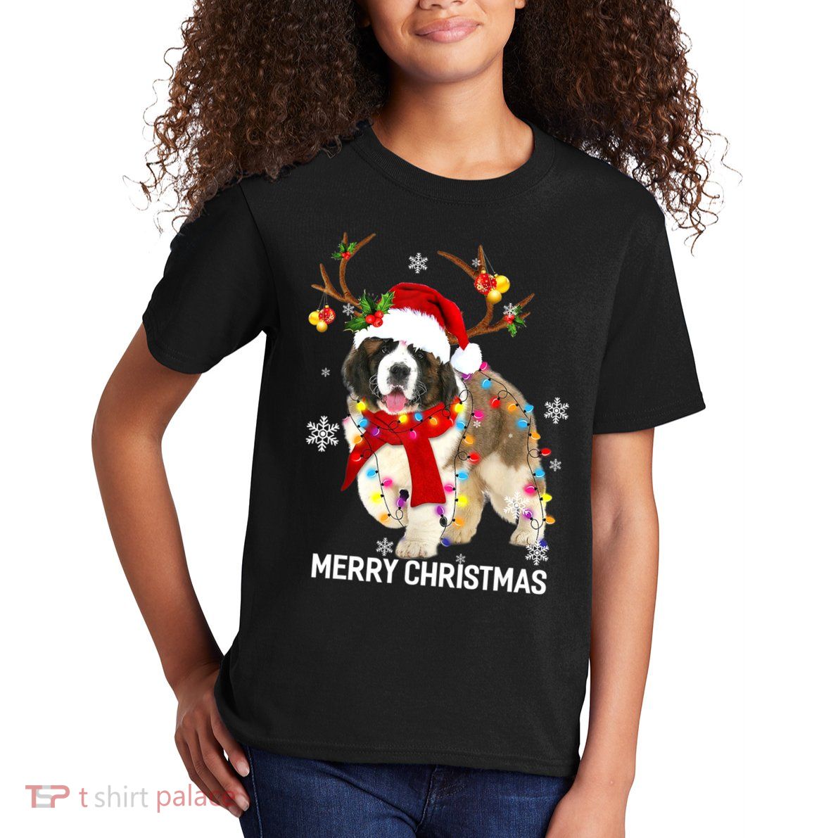 St Bernard Reindeer Xmas Light Christmas Ornaments Xmas Dog Kids T-Shirt