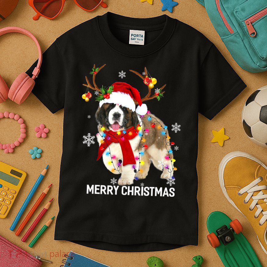 St Bernard Reindeer Xmas Light Christmas Ornaments Xmas Dog Kids T-Shirt