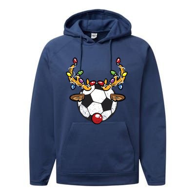 Soccer Ball Reindeer Christmas Pajama Xmas Lights Sport Performance Fleece Hoodie