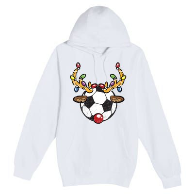 Soccer Ball Reindeer Christmas Pajama Xmas Lights Sport Premium Pullover Hoodie