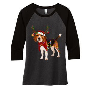 Santa Beagle Reindeer Light Christmas TShirt Women's Tri-Blend 3/4-Sleeve Raglan Shirt