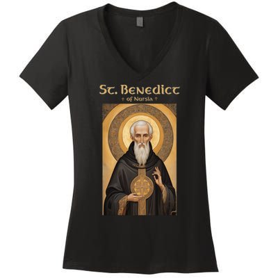 St Benedict Roman Catholic Icon Vintage Women's V-Neck T-Shirt