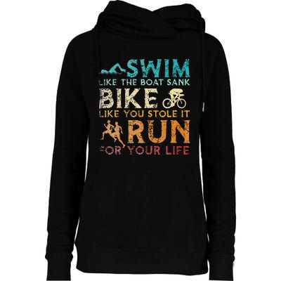 Swim Bike Run Funny Triathlon Womens Funnel Neck Pullover Hood