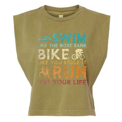 Swim Bike Run Funny Triathlon Garment-Dyed Women's Muscle Tee