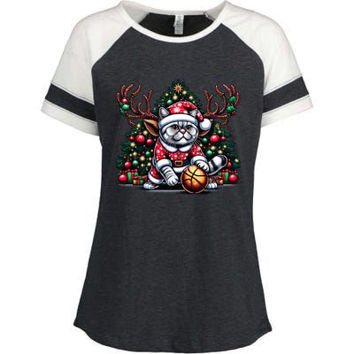 Santa British Shorthair Cat Play Basketball Christmas Funny Gift Enza Ladies Jersey Colorblock Tee