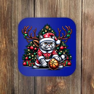 Santa British Shorthair Cat Play Basketball Christmas Funny Gift Coaster