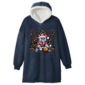 Santa British Shorthair Cat Play Basketball Christmas Funny Gift Hooded Wearable Blanket