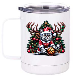 Santa British Shorthair Cat Play Basketball Christmas Funny Gift 12 oz Stainless Steel Tumbler Cup