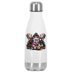 Santa British Shorthair Cat Play Basketball Christmas Funny Gift Stainless Steel Insulated Water Bottle