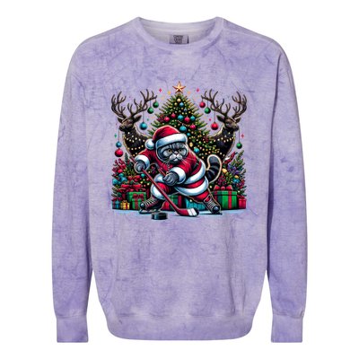 Santa British Shorthair Cat Playing Hockey Cool Gift Colorblast Crewneck Sweatshirt