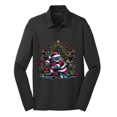 Santa British Shorthair Cat Playing Hockey Cool Gift Silk Touch Performance Long Sleeve Polo