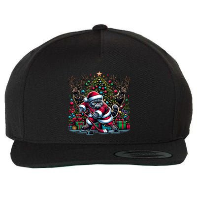 Santa British Shorthair Cat Playing Hockey Cool Gift Wool Snapback Cap