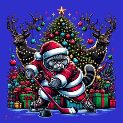 Santa British Shorthair Cat Playing Hockey Cool Gift T-Shirt