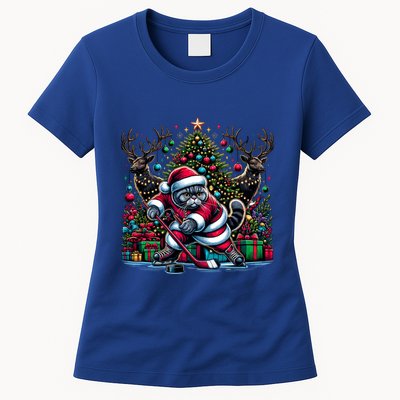 Santa British Shorthair Cat Playing Hockey Cool Gift Womens T-Shirt