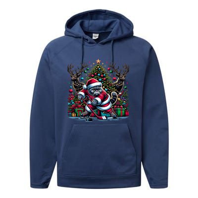 Santa British Shorthair Cat Playing Hockey Cool Gift Performance Fleece Hoodie