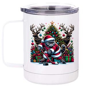 Santa British Shorthair Cat Playing Hockey Cool Gift 12 oz Stainless Steel Tumbler Cup