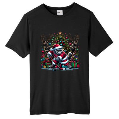 Santa British Shorthair Cat Playing Hockey Gift Tall Fusion ChromaSoft Performance T-Shirt